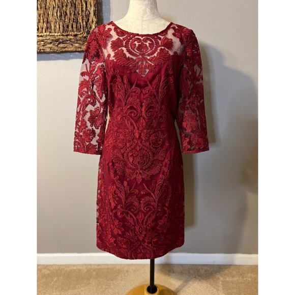 Alex Evenings Dress 12 Red 3/4 Long Sleeve Wedding Cruise Party Washable - Picture 2 of 14